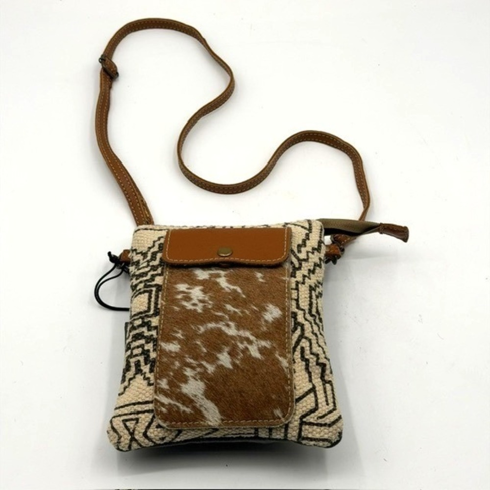 Myra Bag Geometric Canvas and Cowhide Small Crossbody Bag S-1530 Front pocket